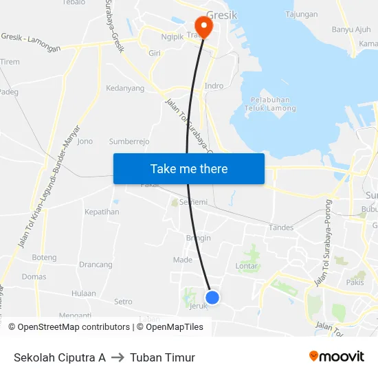 Sekolah Ciputra A to Tuban Timur map