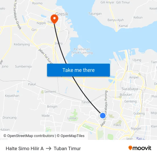 Halte  Simo Hilir A to Tuban Timur map