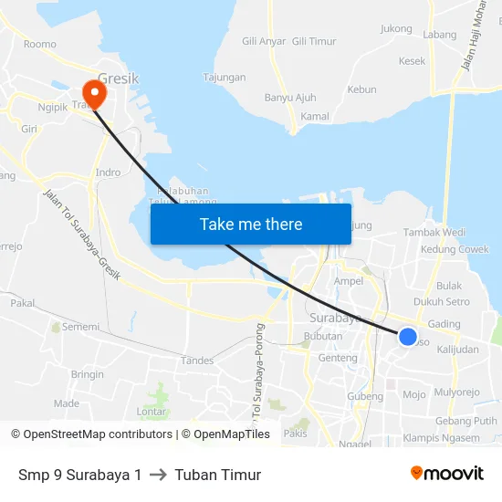 Smp 9 Surabaya 1 to Tuban Timur map