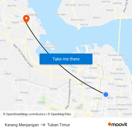 Karang Menjangan to Tuban Timur map