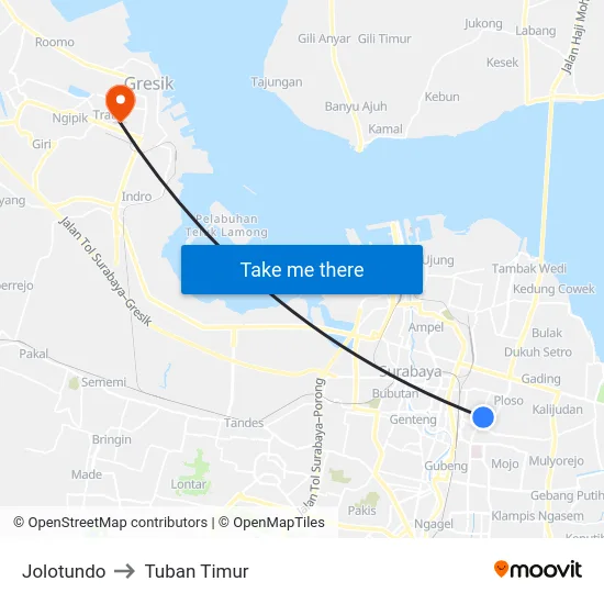 Jolotundo to Tuban Timur map