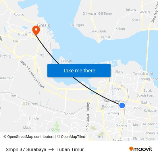 Smpn 37 Surabaya to Tuban Timur map
