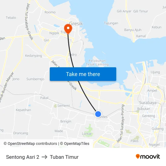 Sentong Asri 2 to Tuban Timur map