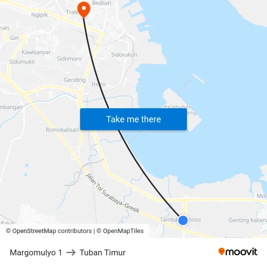 Margomulyo 1 to Tuban Timur map