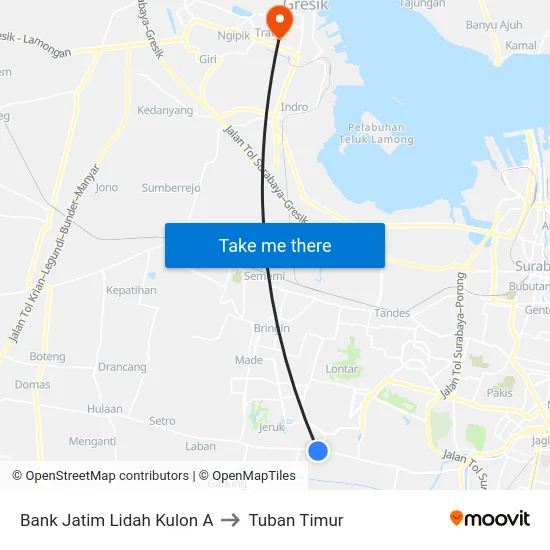 Bank Jatim Lidah Kulon A to Tuban Timur map