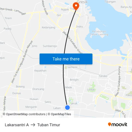 Lakarsantri A to Tuban Timur map