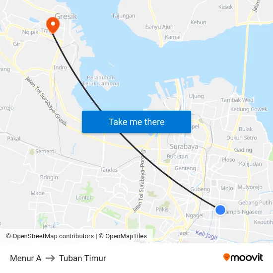 Menur A to Tuban Timur map