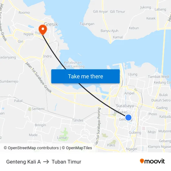 Genteng Kali A to Tuban Timur map