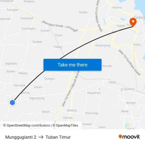 Munggugianti 2 to Tuban Timur map