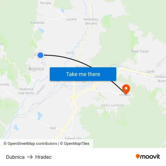 Dubnica to Hradec map