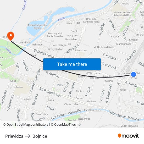 Prievidza to Bojnice map