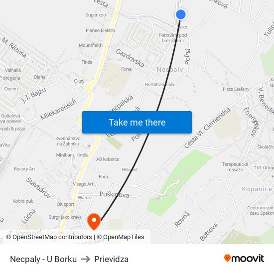 Necpaly - U Borku to Prievidza map