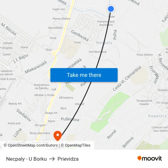 Necpaly - U Borku to Prievidza map