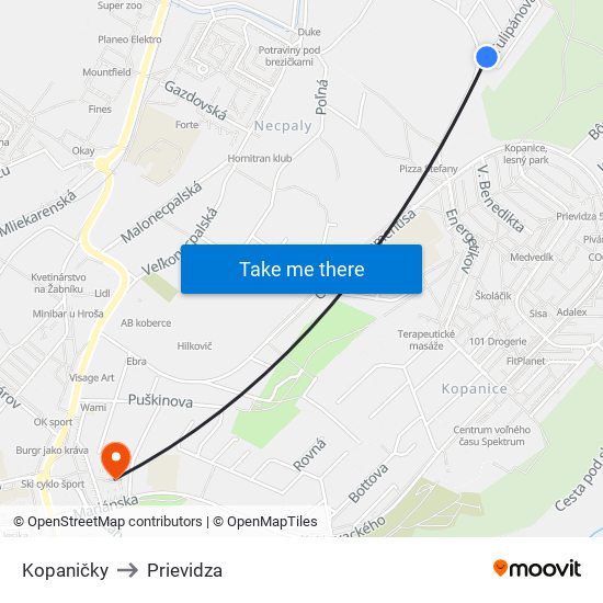 Kopaničky to Prievidza map