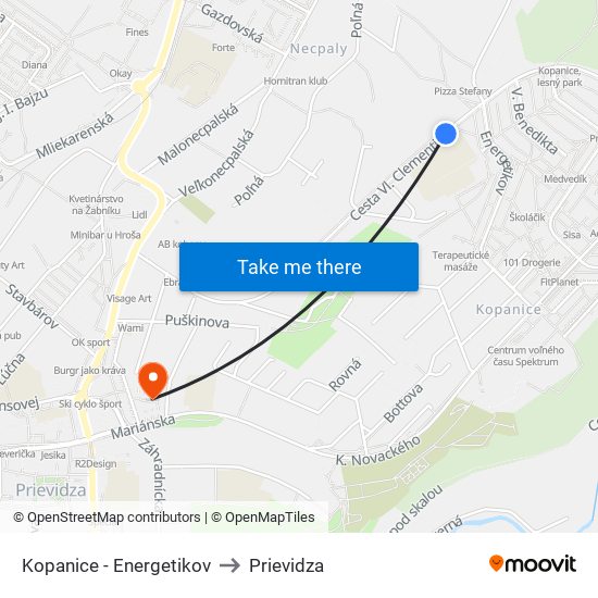 Kopanice - Energetikov to Prievidza map