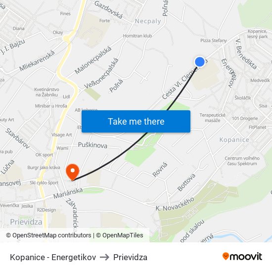 Kopanice - Energetikov to Prievidza map