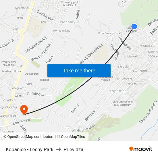 Kopanice - Lesný Park to Prievidza map