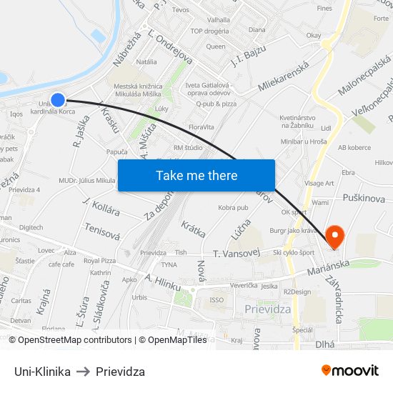 Uni-Klinika to Prievidza map