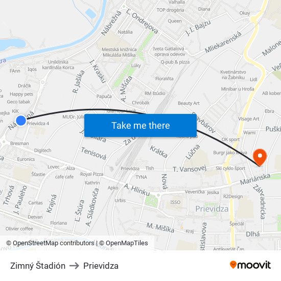 Zimný Štadión to Prievidza map