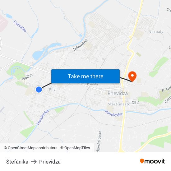 Štefánika to Prievidza map