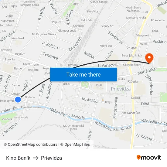 Kino Baník to Prievidza map