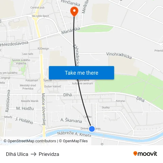 Dlhá Ulica to Prievidza map