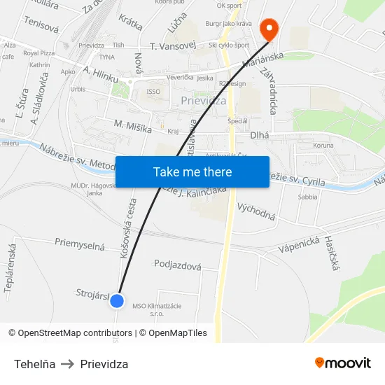 Tehelňa to Prievidza map