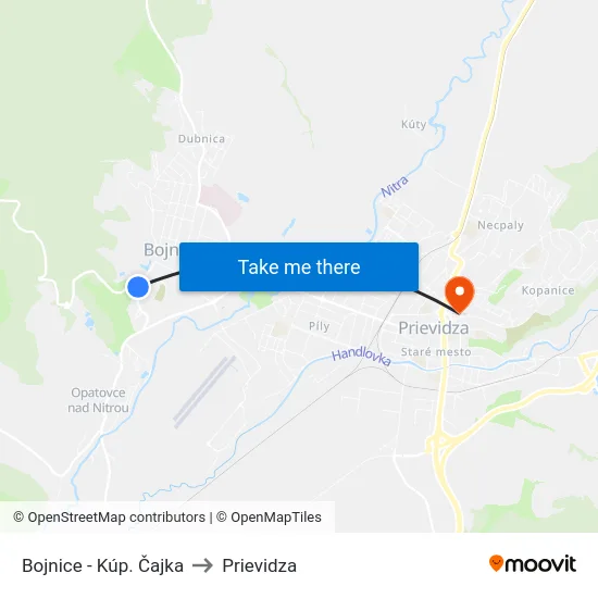 Bojnice - Kúp. Čajka to Prievidza map