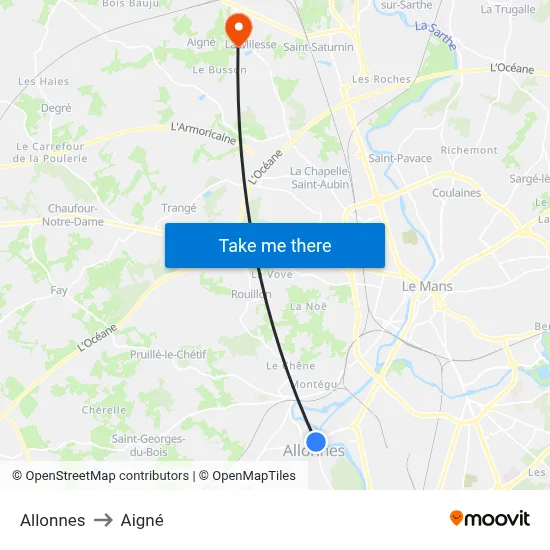 Allonnes to Aigné map