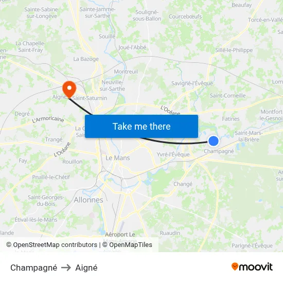 Champagné to Aigné map