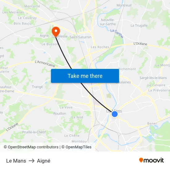Le Mans to Aigné map