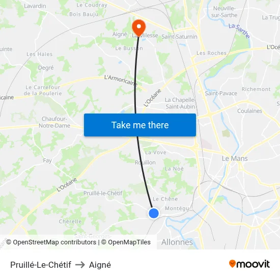 Pruillé-Le-Chétif to Aigné map