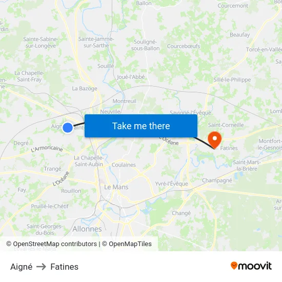 Aigné to Fatines map