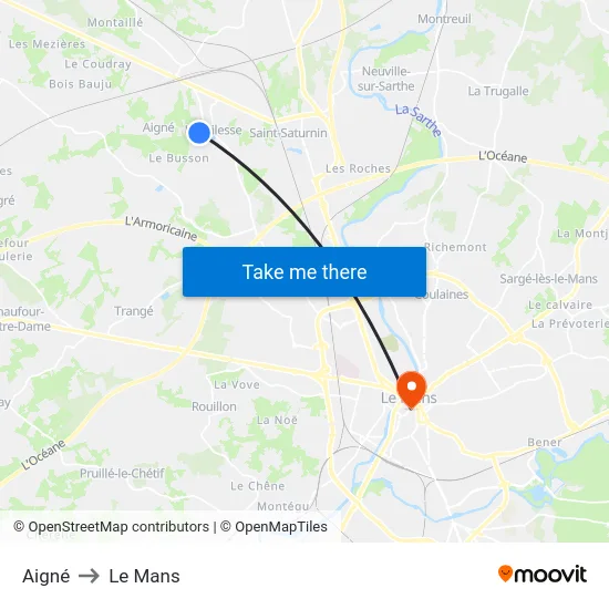 Aigné to Le Mans map