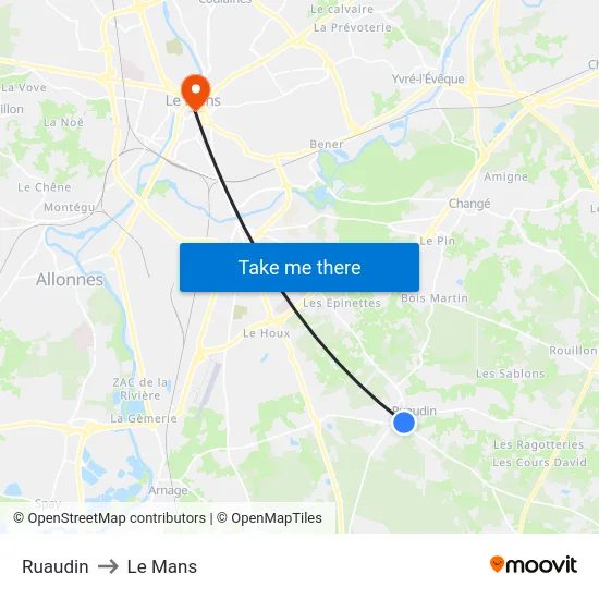 Ruaudin to Le Mans map
