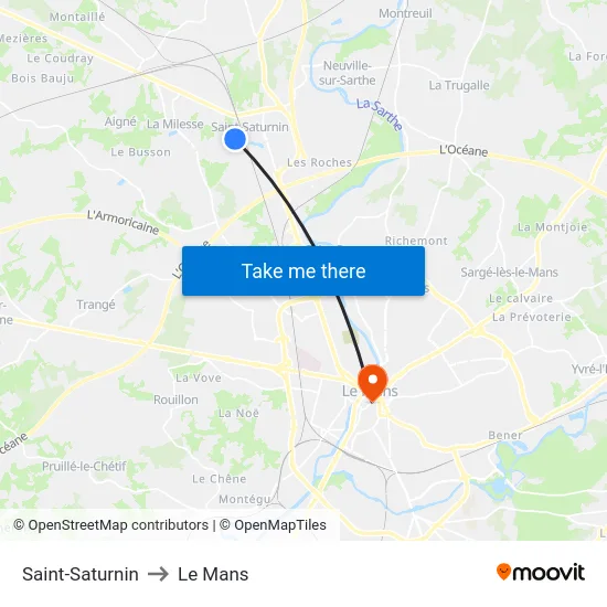 Saint-Saturnin to Le Mans map