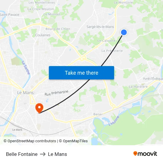 Belle Fontaine to Le Mans map