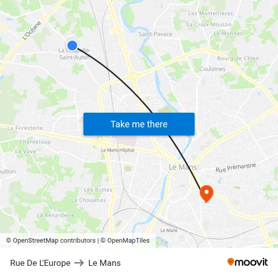 Rue De L'Europe to Le Mans map