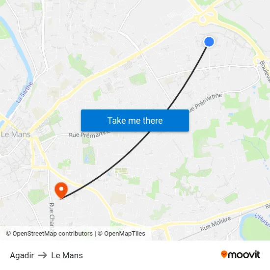 Agadir to Le Mans map