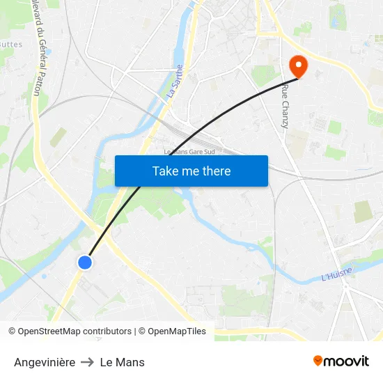 Angevinière to Le Mans map
