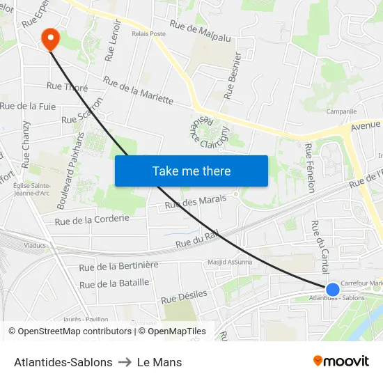 Atlantides-Sablons to Le Mans map