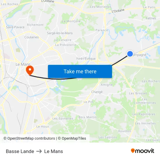 Basse Lande to Le Mans map