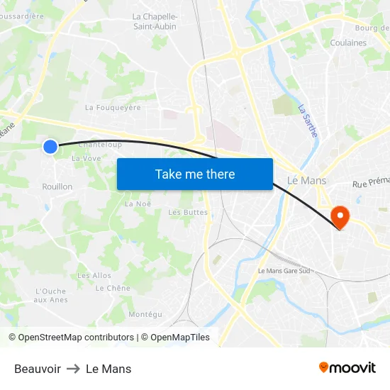 Beauvoir to Le Mans map