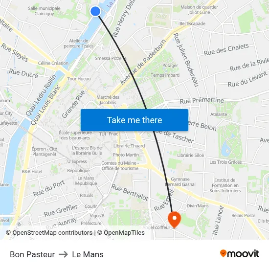 Bon Pasteur to Le Mans map