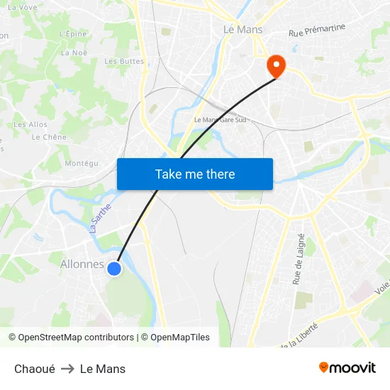 Chaoué to Le Mans map