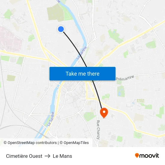 Cimetière Ouest to Le Mans map