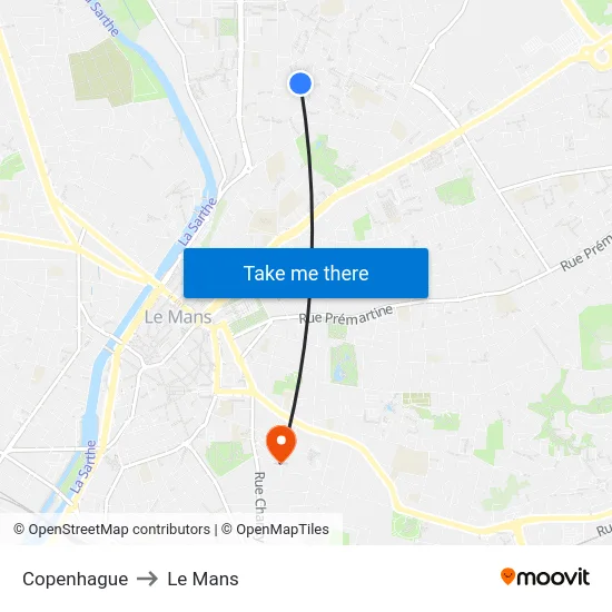 Copenhague to Le Mans map