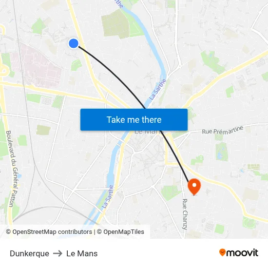 Dunkerque to Le Mans map