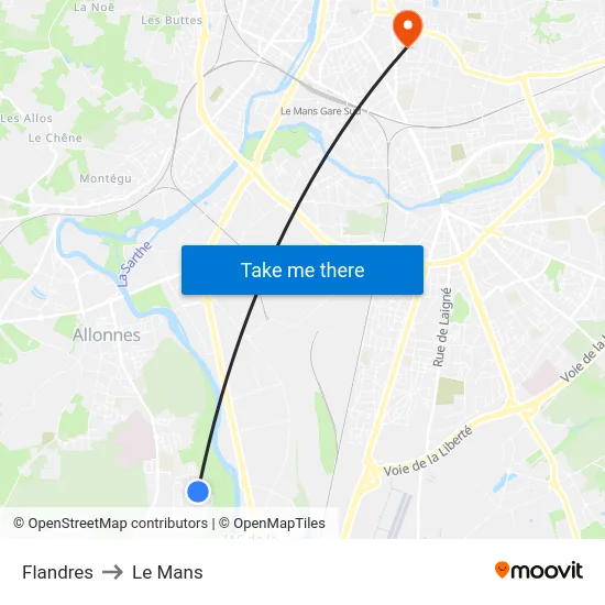Flandres to Le Mans map