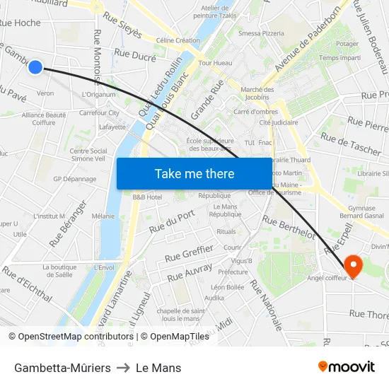 Gambetta-Mûriers to Le Mans map